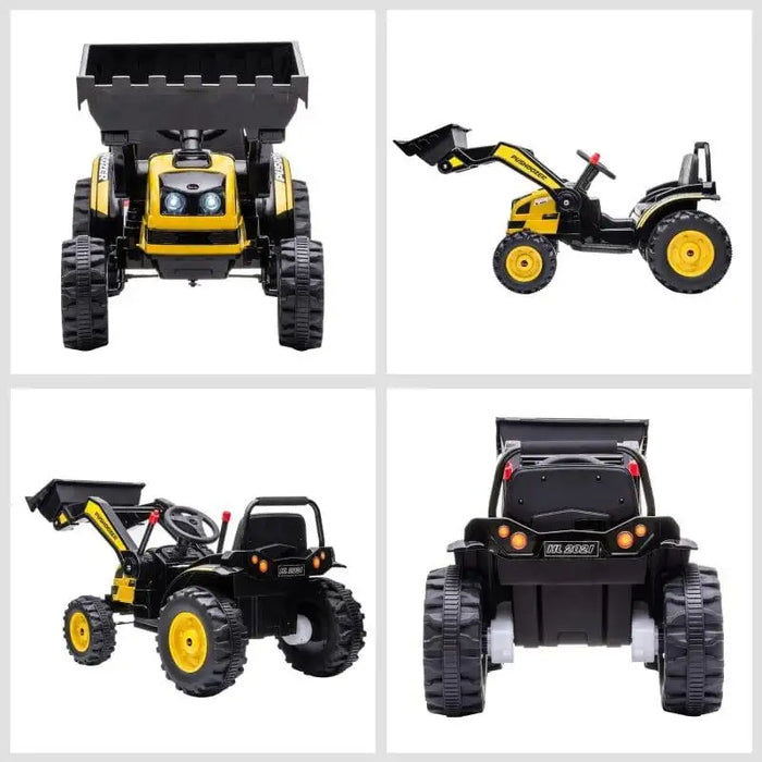 6V kids ride-on bulldozer construction vehicle with working shovel, shown from four angles