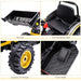 Kids ride-on bulldozer features close-ups of working shovel, seat, wheel, and foot pedal.