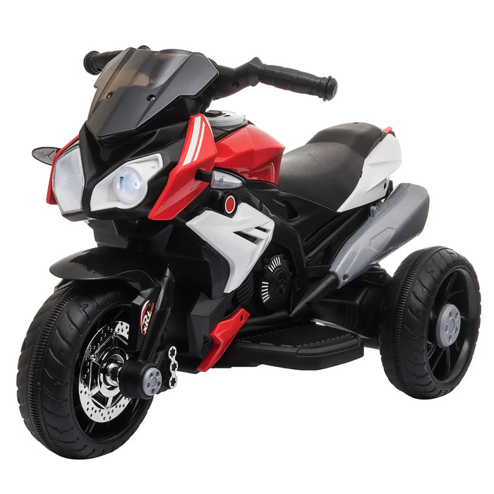 Children's toy motorcycle with black, red, and gray colors on a white background