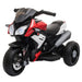 Children's toy motorcycle with black, red, and gray colors on a white background