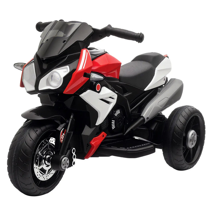 Black, red, and gray toy motorcycle on a white background