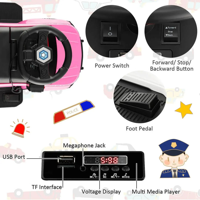 6V Kids Ride-On Police Car - Pink | Flashing Lights, Siren and Megaphone COSTWAY - Little and Giant Explorers Costway
