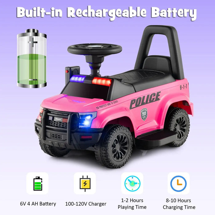 6V Kids Ride-On Police Car - Pink | Flashing Lights, Siren and Megaphone COSTWAY - Little and Giant Explorers Costway