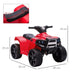Red 6V kids ride-on quad ATV bike with LED lights, black seat, and size dimensions shown