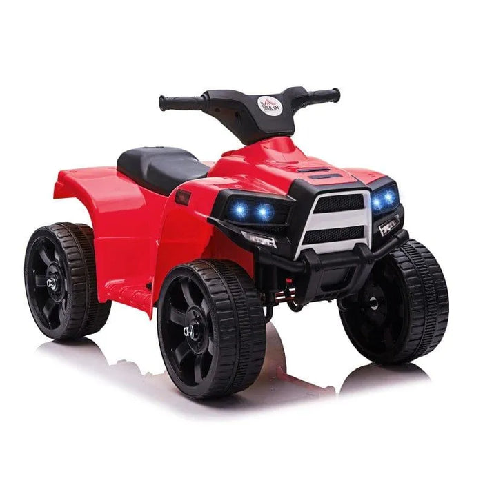 Red 6V kids ride-on quad ATV bike with lights, forward and reverse features, on white background