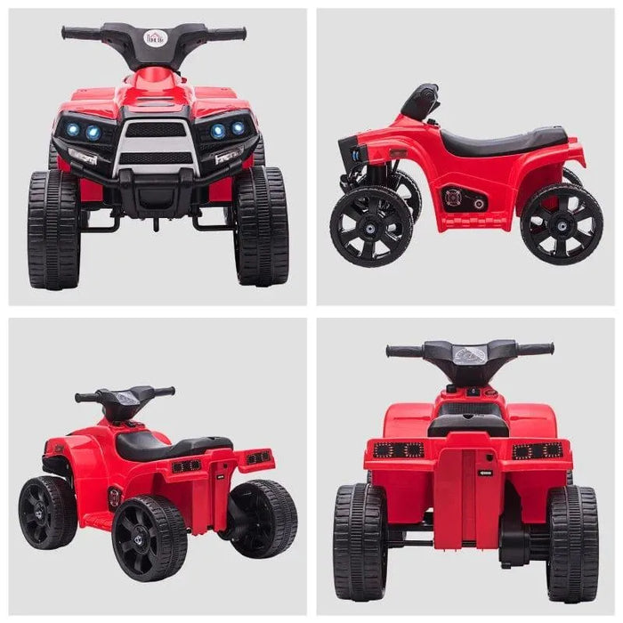 Red 6V kids ride-on quad ATV bike with lights, sounds, black wheels, and child seat