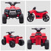 Red 6V kids ride-on quad ATV bike with lights, sounds, black wheels, and child seat
