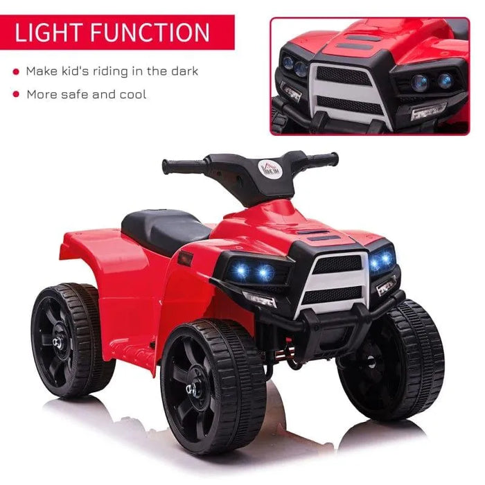Red kids ride-on quad ATV bike with working headlights and black wheels on white background