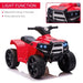 Red kids ride-on quad ATV bike with working headlights and black wheels on white background