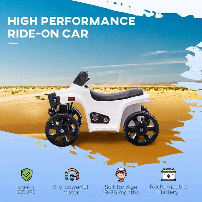 White kids ride-on quad ATV bike with large wheels on a sandy background, promoting 6V motor, rechargeable battery, safety features, and suitability for ages 18-36 months.