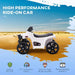 White kids ride-on quad ATV bike with large wheels on a sandy background, promoting 6V motor, rechargeable battery, safety features, and suitability for ages 18-36 months.