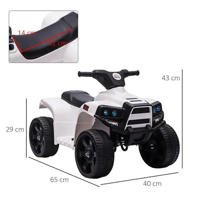 White kids electric ride-on quad ATV bike with black wheels, LED lights, and size dimensions shown.