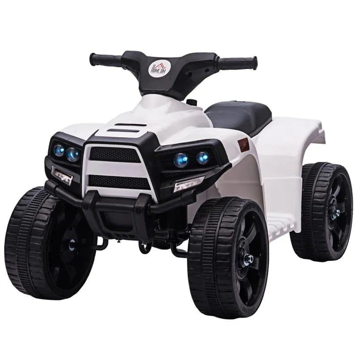 White kids ride-on quad ATV bike with lights, black wheels, and handlebars