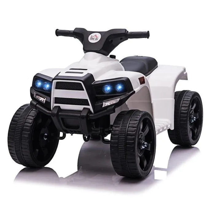 White kids ride on quad ATV bike with lights, black wheels, and handlebar, studio setting
