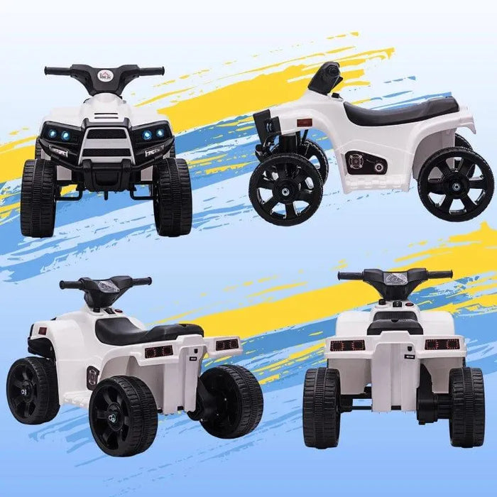White 6V kids ride-on quad ATV bike with LED lights, large wheels, and realistic details
