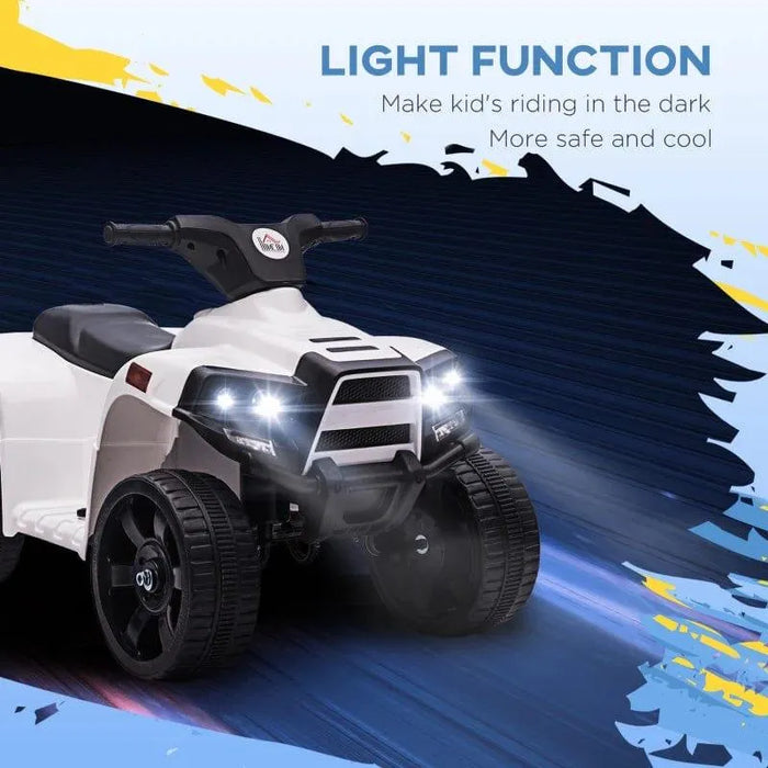White kids ride-on quad ATV bike with headlights on, black wheels, and dark blue background