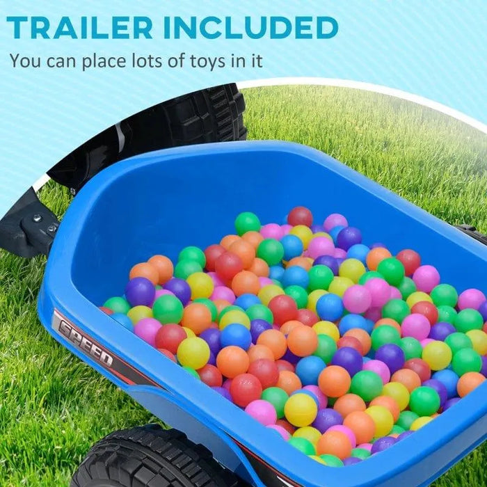 Blue kids ride-on quad bike trailer filled with colorful plastic balls on grass