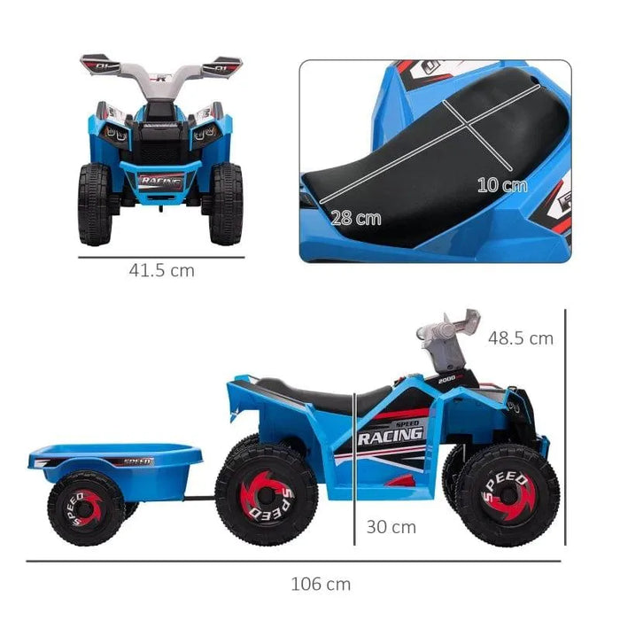Blue 6V kids ride-on quad bike with trailer, labeled dimensions, and Speed Racing design.