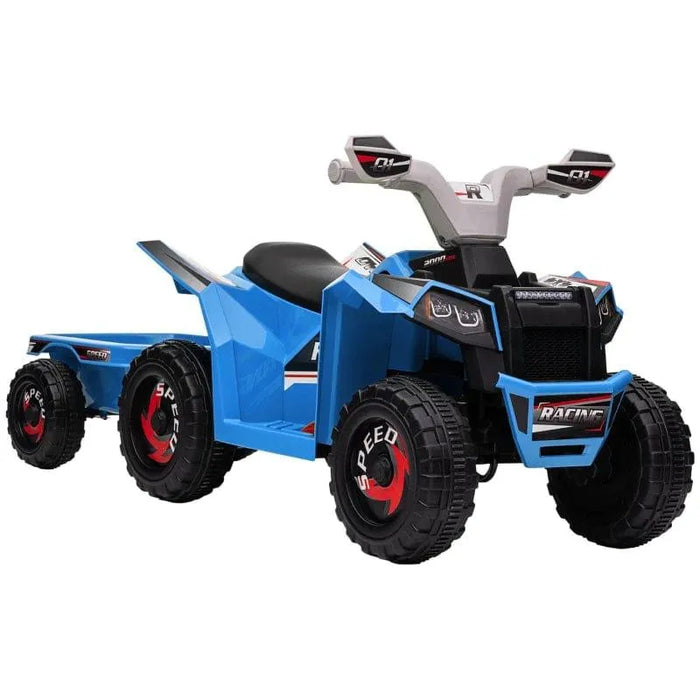 Blue 6V kids ride-on quad bike with trailer, rugged tires, and racing decals