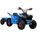 Blue 6V kids ride-on quad bike with trailer, rugged tires, and racing decals