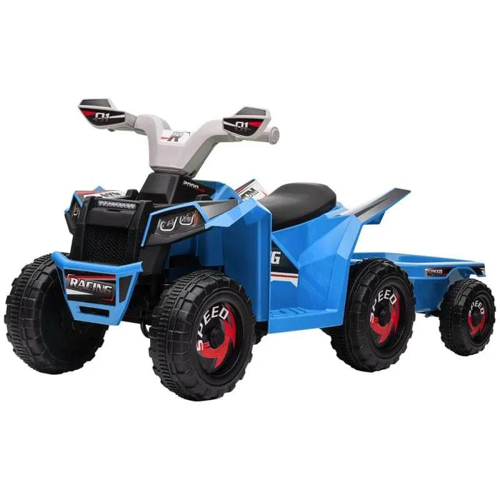 Blue kids electric ride on quad bike with storage trailer, black tires, and racing decals