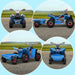 Blue 6V kids ride-on quad bike with storage trailer, shown from multiple angles outdoors