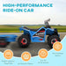 Blue kids ride-on quad bike with trailer, racing decals, and large wheels on a road