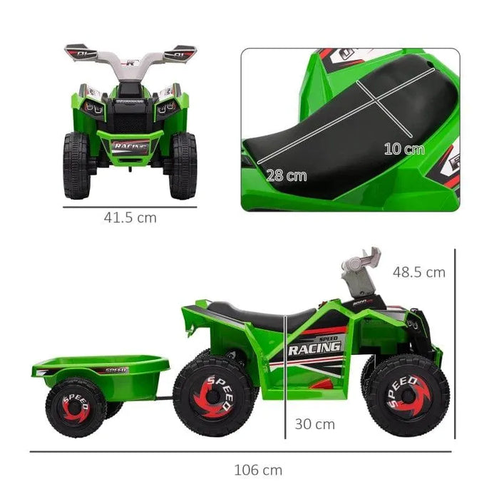 Green kids ride-on quad bike with trailer, racing decals, and size dimensions shown.