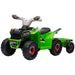 Green 6V kids ride on quad bike with trailer, black seat, large wheels, and racing decals.