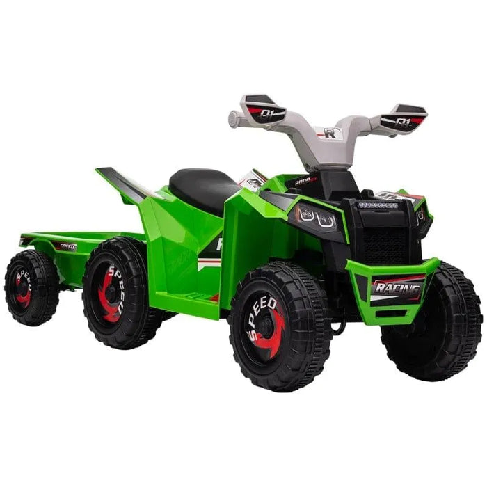 Green kids ride-on quad bike with trailer, large wheels, and racing decals on white background.