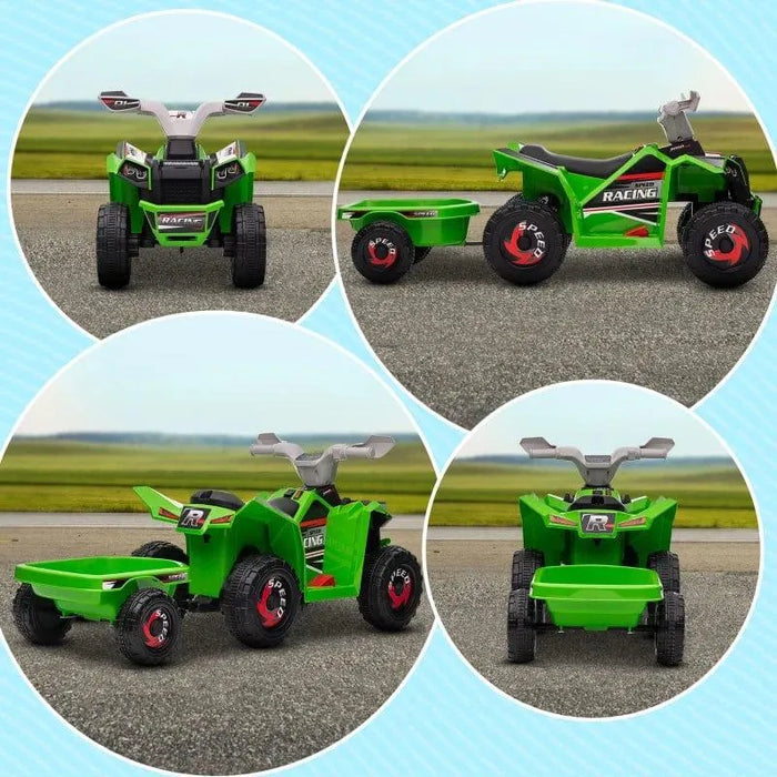 Green kids ride-on quad bike with trailer on outdoor road, various angles shown