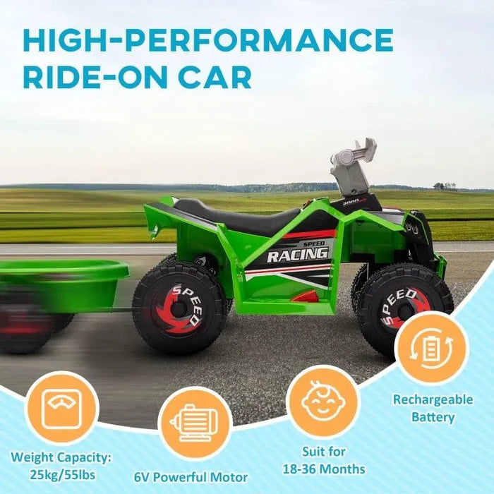 Green 6V kids ride-on quad bike with trailer on road, Speed Racing logo, performance features highlighted.