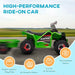 Green 6V kids ride-on quad bike with trailer on road, Speed Racing logo, performance features highlighted.
