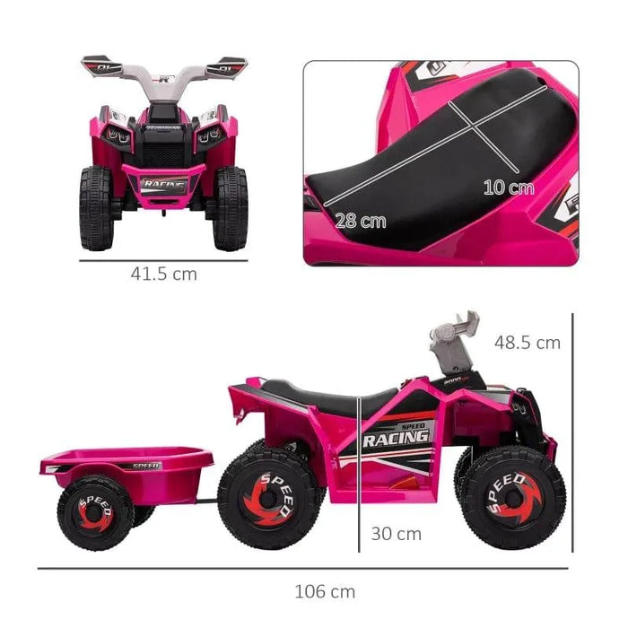 Pink kids ride-on quad bike with trailer, racing decals, and size measurements shown