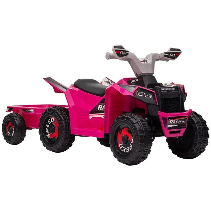 Pink kids ride-on quad bike with trailer, black wheels, and racing decals on white background.