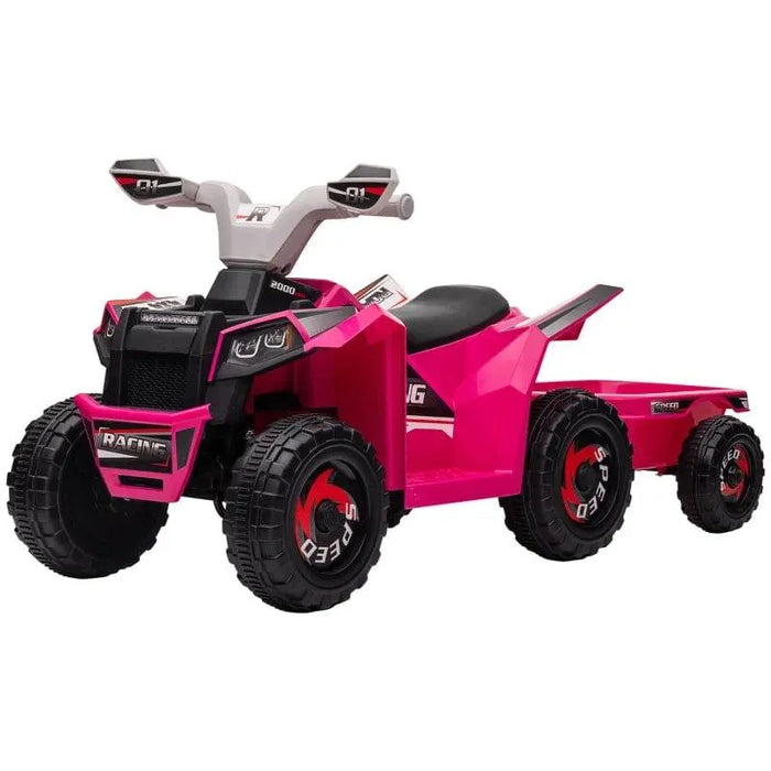 Pink 6V kids ride-on quad bike with black wheels and matching trailer