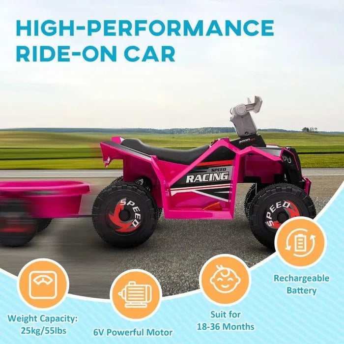 Pink kids ride-on quad bike with trailer, 6V motor, rechargeable battery, outdoor setting