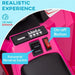 Close-up of pink kids ride-on quad bike dashboard with on-off button and forward/reverse switch