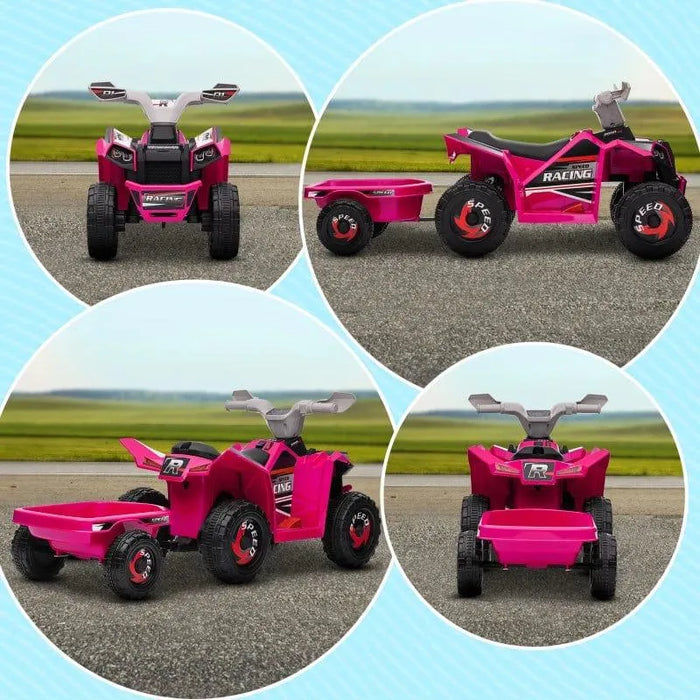 Pink kids ride-on quad bike with trailer, outdoor toy shown from multiple angles