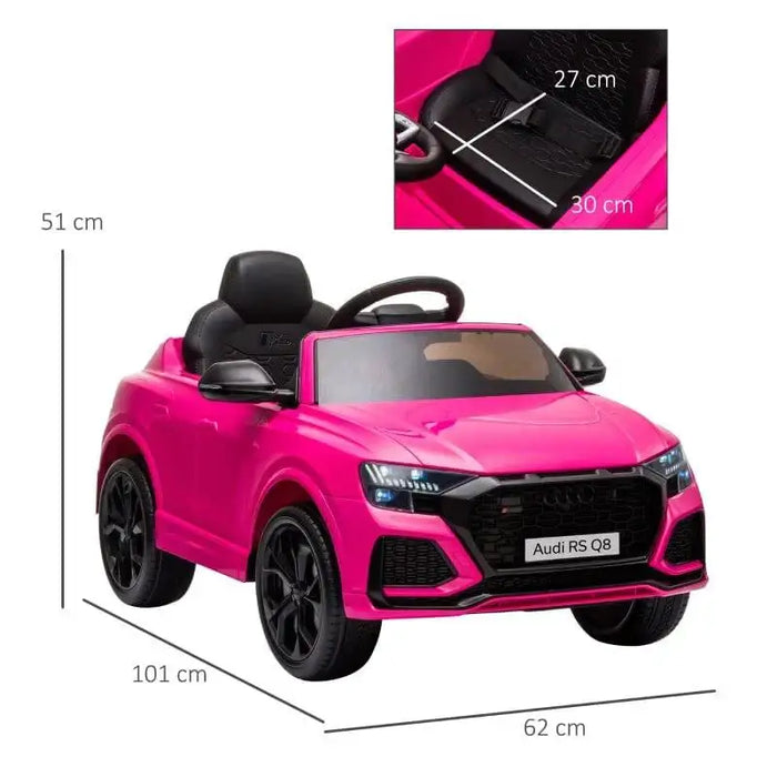 Pink Audi RS Q8 kids electric ride-on car with seatbelt, remote control, and size dimensions displayed.
