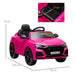 Pink Audi RS Q8 kids electric ride-on car with seatbelt, remote control, and size dimensions displayed.