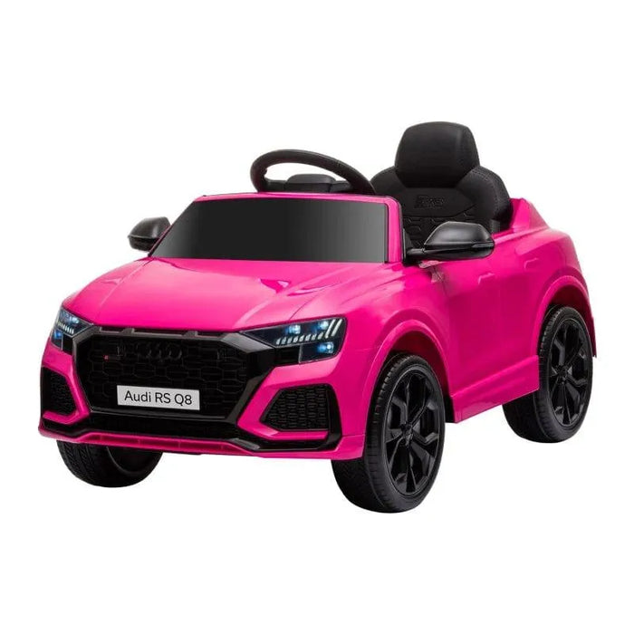 Pink Audi RS Q8 kids electric ride on car with black wheels and open seat