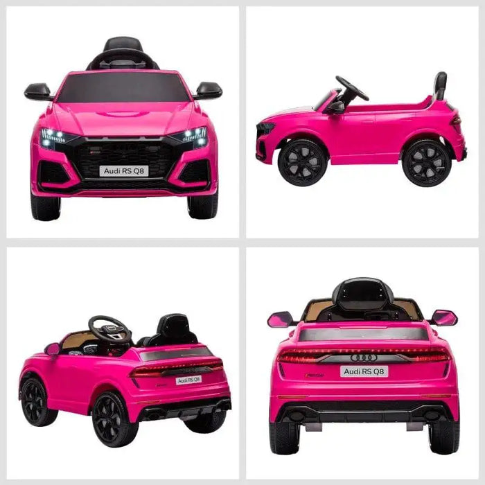 Pink Audi RS Q8 kids electric ride on car, shown from front, side, rear, and angle views