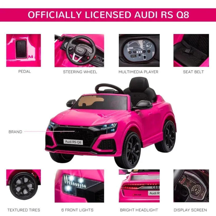 Pink Audi RS Q8 kids electric ride-on car with LED lights, steering wheel, pedal, and display