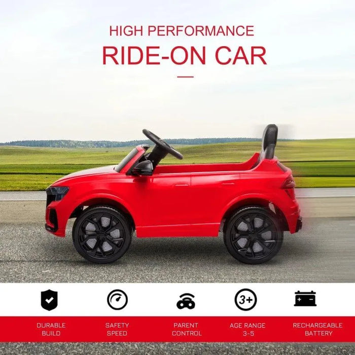 Red Audi RS Q8 kids' ride-on car with black wheels, outdoors, high performance features listed.