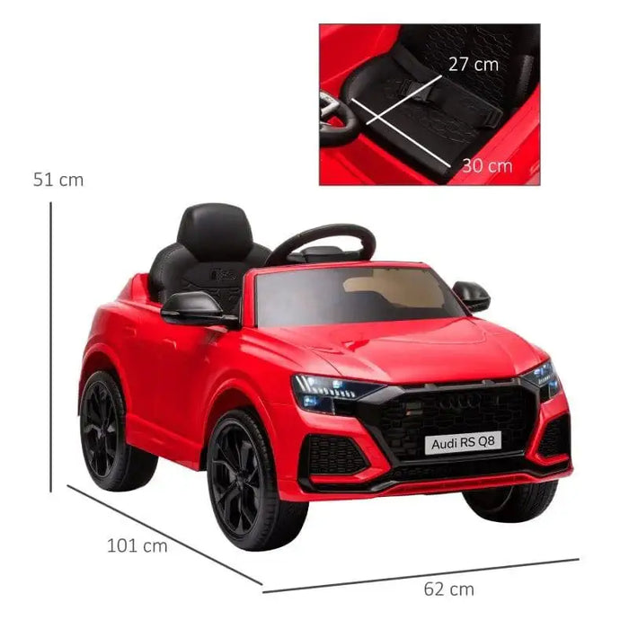 Red Audi RS Q8 kids ride-on car with seat dimensions and full size measurements shown