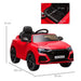 Red Audi RS Q8 kids ride-on car with seat dimensions and full size measurements shown