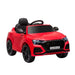 Red Audi RS Q8 kids ride-on car with black wheels and detailed headlights