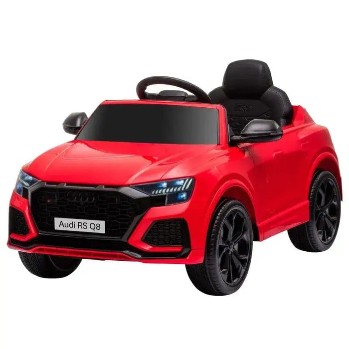 Red Audi RS Q8 kids ride on car with black wheels and detailed lights