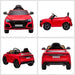 Red Audi RS Q8 kids electric ride-on car shown from front, side, rear, and angle views